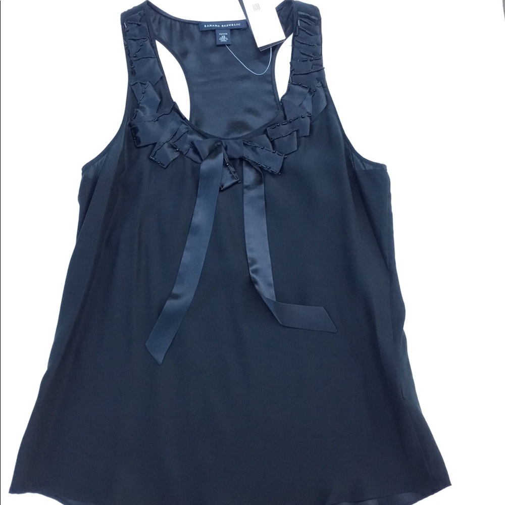Banana Republic Petite 100% Silk Black Beaded Bow Top XSP